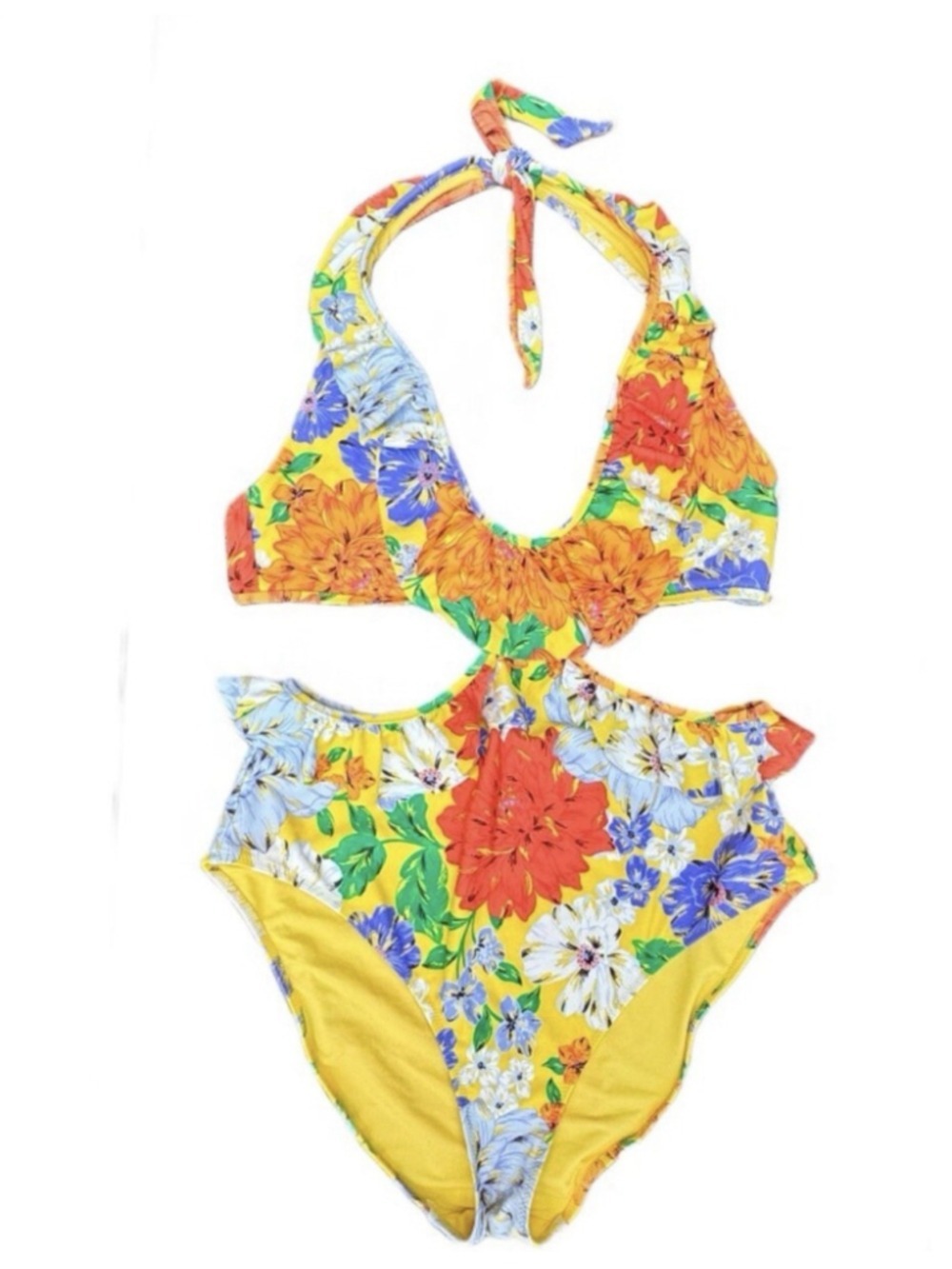 Aerie Yellow Floral Monokini Floral Ruffle Halter One Piece Swimsuit Large - Picture 4 of 13